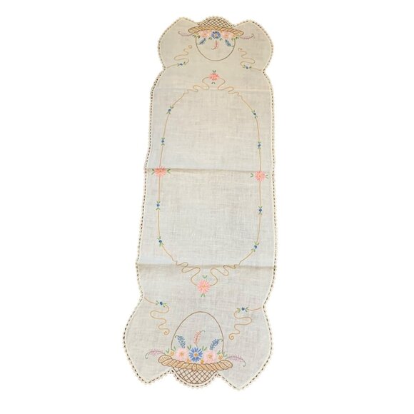 Handmade Embroidered Floral Table Runner with Lace Trim 40" x 13" - Picture 1 of 9